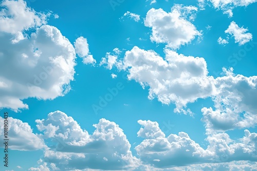 A serene blue sky with fluffy clouds, creating a peaceful and idyllic atmosphere perfect for tranquil backgrounds.