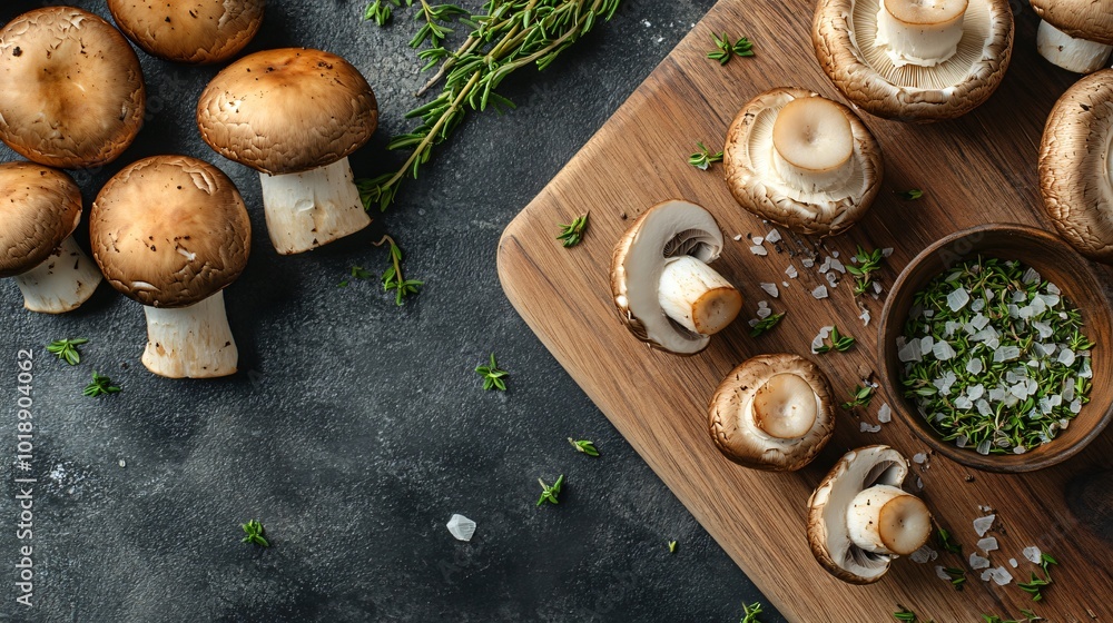 Mushrooms, herbs, and salt on a wooden cutting board and a dark background. Mushrooms, herbs, and salt on a wooden cutting board and a dark background.