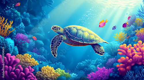 Fototapeta Naklejka Na Ścianę i Meble -  Underwater shot of a hawksbill turtle among beautiful coral reef and tropical fish. Coral Reef Lagoon. Illustration