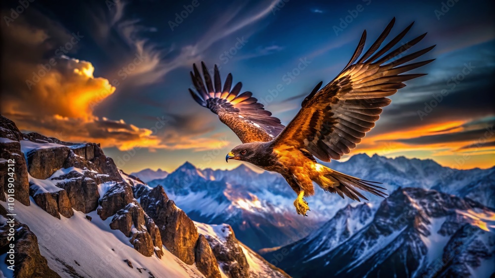 Obraz premium Majestic Golden Eagle in Flight Over Rugged Mountains Capturing the Essence of Wilderness Beauty