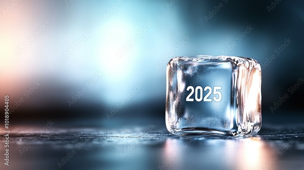 A clear ice cube with the year 2025 engraved stands against a blurred colorful background A clear ice cube with the year 2025 engraved stands against a blurred colorful background