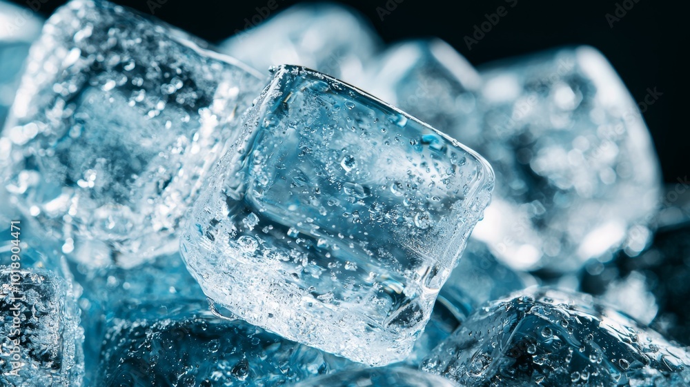 Close-up of crystal clear ice cubes with water droplets illuminated in a dark setting for a refreshing drink Close-up of crystal clear ice cubes with water droplets illuminated in a dark setting for a refreshing drink