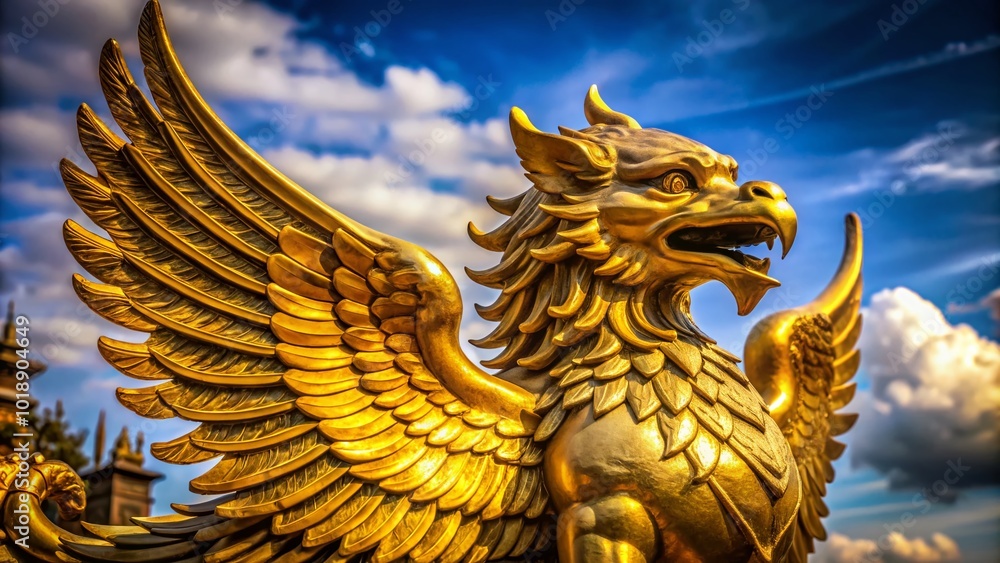 Fototapeta premium Majestic golden griffin statue symbolizing strength and protection in a mythical fantasy setting