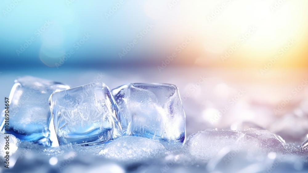 Ice cubes melting on a cool surface with a warm light illuminating the background during sunset Ice cubes melting on a cool surface with a warm light illuminating the background during sunset
