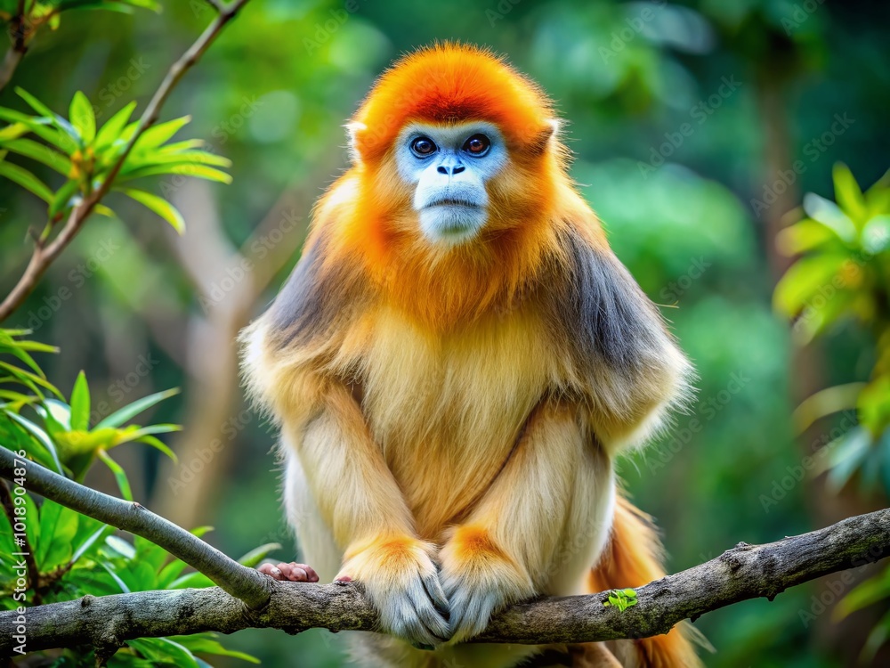 Majestic golden snub-nosed monkey perched on a branch amidst lush green foliage in natural habitat Majestic golden snub-nosed monkey perched on a branch amidst lush green foliage in natural habitat