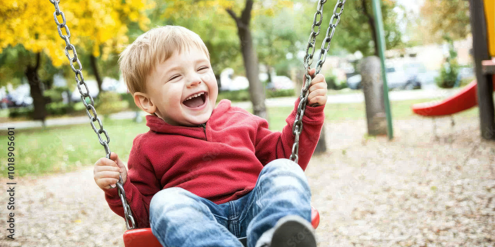 Portrait of a child swinging on a swing on a sunny day at a playground and laughing Portrait of a child swinging on a swing on a sunny day at a playground and laughing