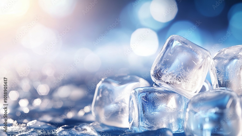 Close-up of clear ice cubes on a reflective surface with a soft blurred background during evening light Close-up of clear ice cubes on a reflective surface with a soft blurred background during evening light