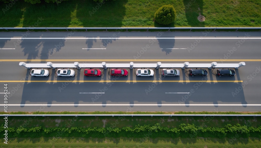 Birds-eye view over a charged electric car station on a busy highway Birds-eye view over a charged electric car station on a busy highway