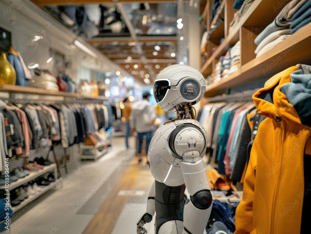 An advanced AI humanoid robot browsing through clothes in a sleek, modern fashion store representing the integration of AI and robotics in the retail space. An advanced AI humanoid robot browsing through clothes in a sleek, modern fashion store representing the integration of AI and robotics in the retail space.