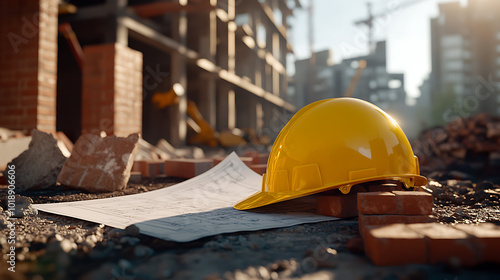 Construction site with a yellow hard hat, bricks, and blueprints on the ground.
