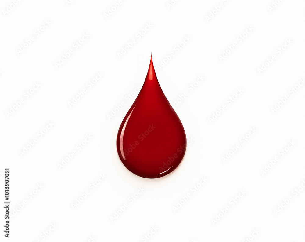 A single red droplet of blood is depicted in isolation against a pure white background as part of a graphic design concept using splattered blood._00004_ A single red droplet of blood is depicted in isolation against a pure white background as part of a graphic design concept using splattered blood._00004_