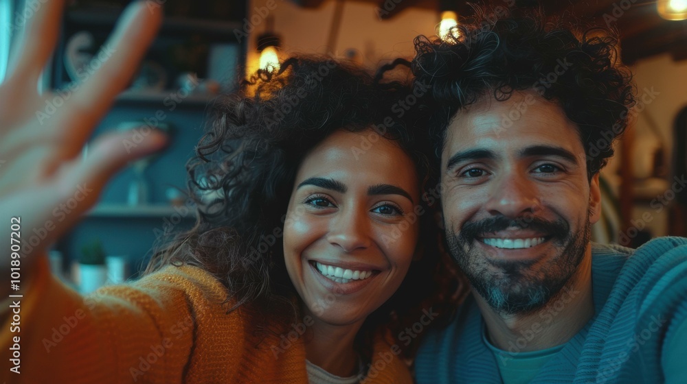 A man and woman smiling at the camera while making a peace sign. AI. A man and woman smiling at the camera while making a peace sign. AI.