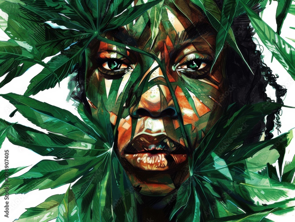 A woman's face is partially hidden by green leaves. AI. A woman's face is partially hidden by green leaves. AI.