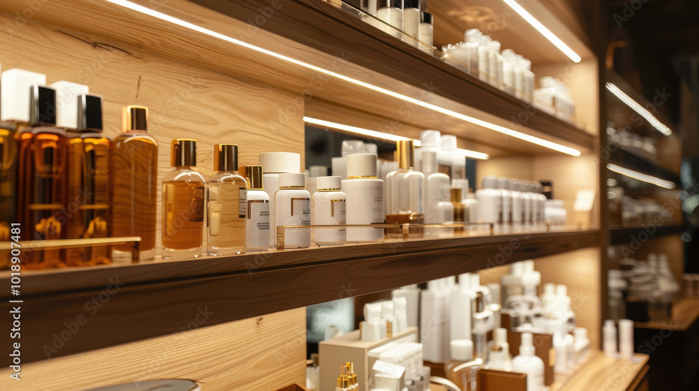 A Captivating Showcase of Skincare Products in Sleek Bottles on a Modern Wooden Shelf A Captivating Showcase of Skincare Products in Sleek Bottles on a Modern Wooden Shelf