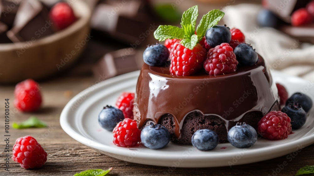 Delicious chocolate dessert with berries and mint garnish Delicious chocolate dessert with berries and mint garnish