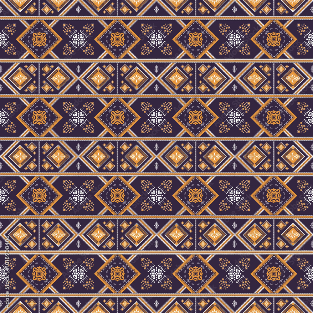 Intricate geometric pattern featuring vibrant orange and yellow motifs on deep navy background, creating visually striking design ideal for textiles or wallpapers. Seamless Pattern paint lines Intricate geometric pattern featuring vibrant orange and yellow motifs on deep navy background, creating visually striking design ideal for textiles or wallpapers. Seamless Pattern paint lines