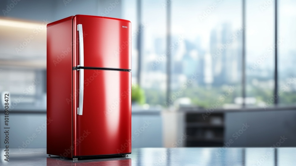 Bright red refrigerator showcased in a modern kitchen with a city skyline visible through large windows Bright red refrigerator showcased in a modern kitchen with a city skyline visible through large windows