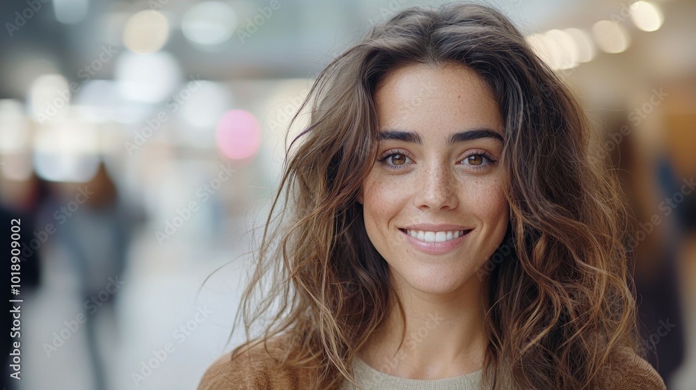 Smiling woman with wavy hair in a busy shopping center on a bright, cheerful day Smiling woman with wavy hair in a busy shopping center on a bright, cheerful day