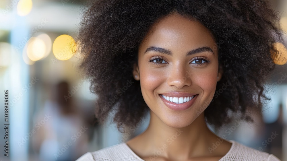 Cheerful young woman with natural curly hair smiles brightly in a modern indoor setting Cheerful young woman with natural curly hair smiles brightly in a modern indoor setting