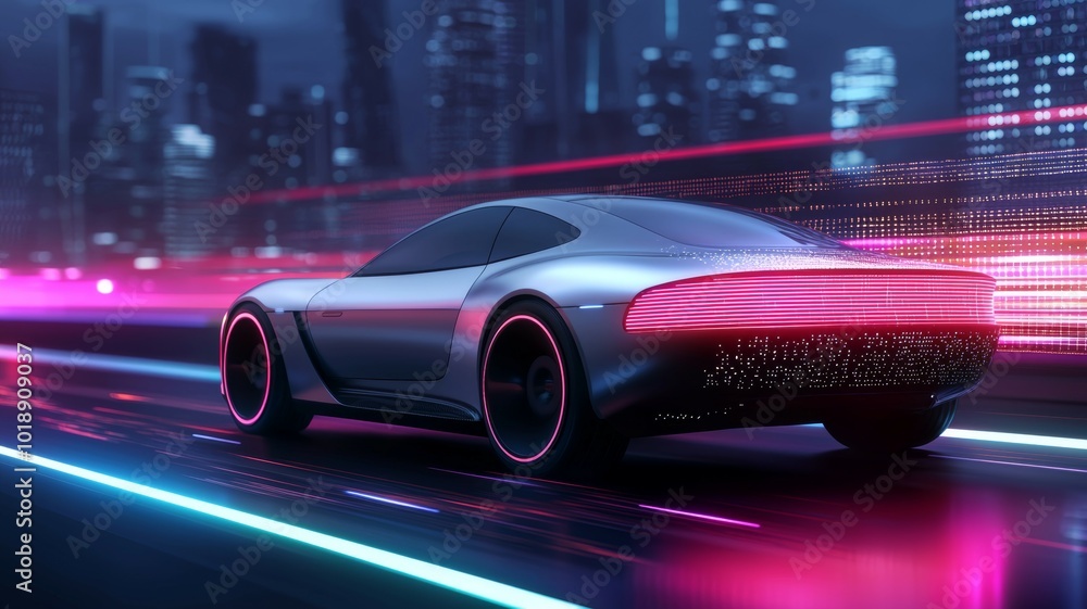 Futuristic electric car driving through a neon-lit cityscape at night with vibrant lights and a dynamic atmosphere Futuristic electric car driving through a neon-lit cityscape at night with vibrant lights and a dynamic atmosphere