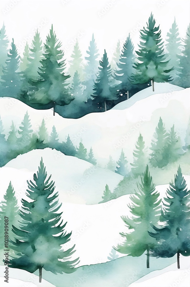 Fototapeta premium Watercolor winter landscape featuring evergreen trees and snow-covered hills 