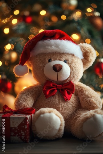 Wallpaper Mural Festive Teddy Bear with Gift under Christmas Tree Lights Torontodigital.ca