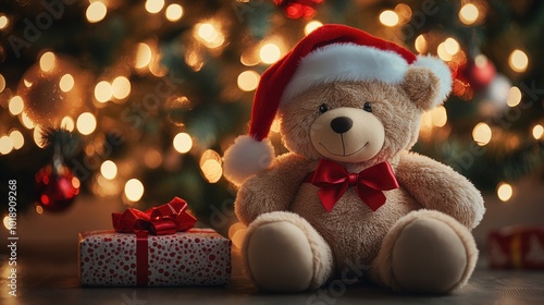 Wallpaper Mural Festive Teddy Bear with Gift under Christmas Tree Lights Torontodigital.ca