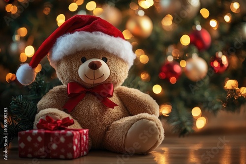Festive Teddy Bear with Gift under Christmas Tree Lights