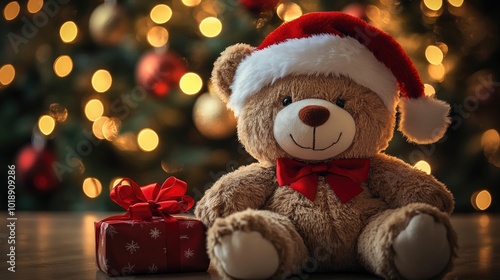 Wallpaper Mural Festive Teddy Bear with Gift under Christmas Tree Lights Torontodigital.ca