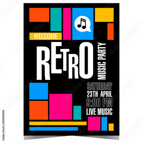 Retro music party poster or banner with colourful geometric shapes. Vector invitation template for musical show, disco dance entertainment event with live DJ performance.