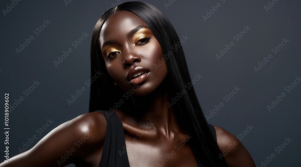 A captivating woman exudes confidence with her glossy hair and stunning gold makeup, set against a deep, moody backdrop that emphasizes her natural grace A captivating woman exudes confidence with her glossy hair and stunning gold makeup, set against a deep, moody backdrop that emphasizes her natural grace