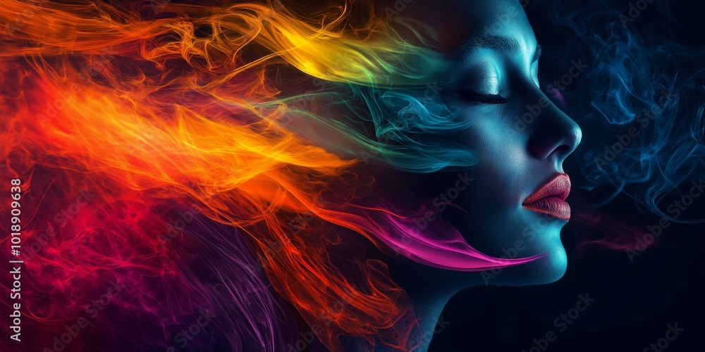 A stunning artistic portrayal of a face with vivid, colorful flowing hair, blending abstract expressionism and surreal style. A stunning artistic portrayal of a face with vivid, colorful flowing hair, blending abstract expressionism and surreal style.