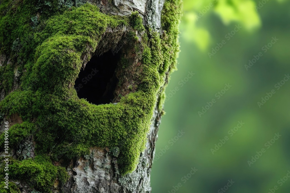 Moss-Covered Tree Trunk with Hollow in Forest Moss-Covered Tree Trunk with Hollow in Forest