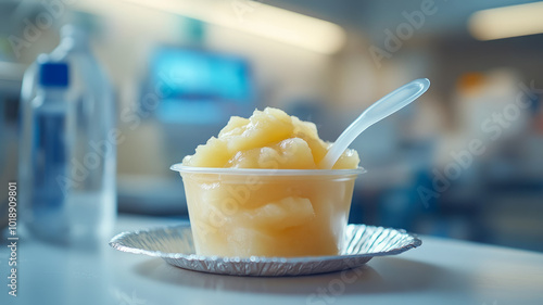A portion of applesauce in a small cup with a spoon.