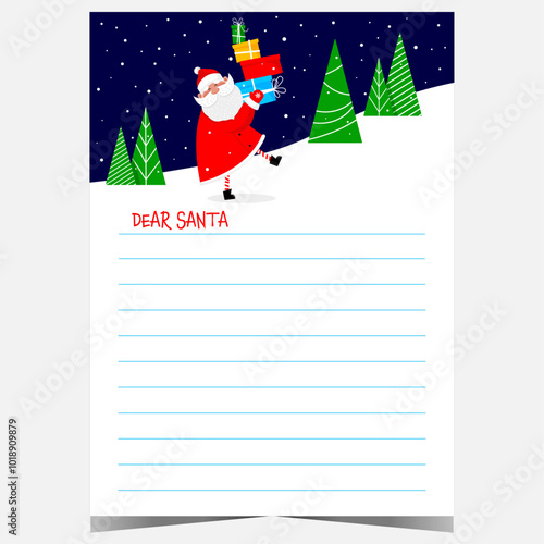 Christmas postcard or letter to Santa template with empty lines for filling with wish list and funny Santa Claus character carrying a plenty of gift boxes among Christmas trees.