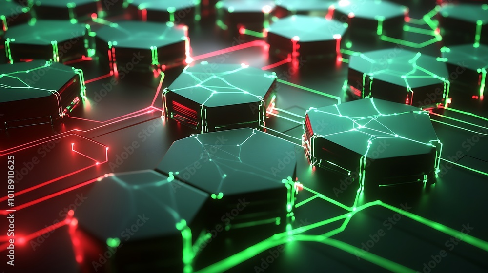 Obraz premium Abstract 3D rendering of a network of glowing hexagonal shapes and lines on a dark background.