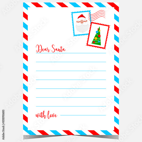 Christmas letter template with the words Dear Santa. Ready to print postcard or wish list with airmail border and empty lines for filling by children during winter holidays celebration.