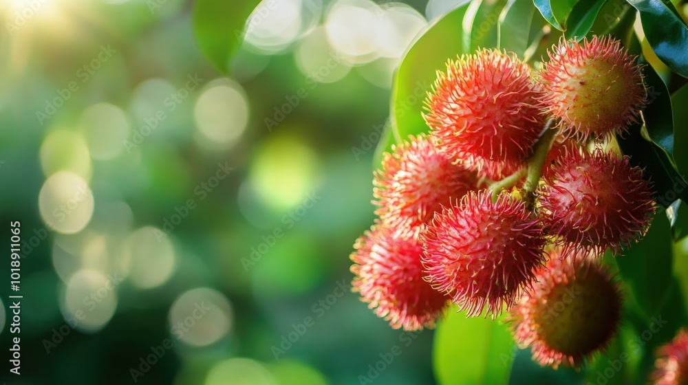 A cluster of rambutan fruit hanging from a tree branch, with sunlight filtering through the leaves. A cluster of rambutan fruit hanging from a tree branch, with sunlight filtering through the leaves.