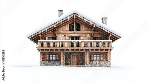 wooden house in snowy mountains on white background Generative AI