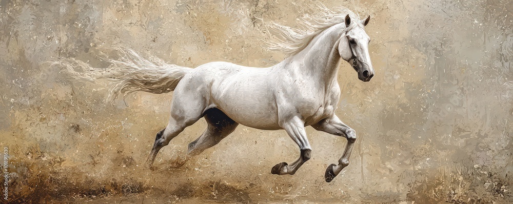 Fototapeta premium A white horse galloping freely, embodying power and grace.