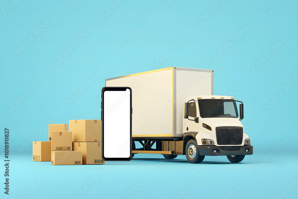 Abstract truck with a cardboard box and an empty white mobile phone on a blue background. Logistics, storage, retail, technology, and advertisement concept. Mock-up design, 3D Rendering design Abstract truck with a cardboard box and an empty white mobile phone on a blue background. Logistics, storage, retail, technology, and advertisement concept. Mock-up design, 3D Rendering design