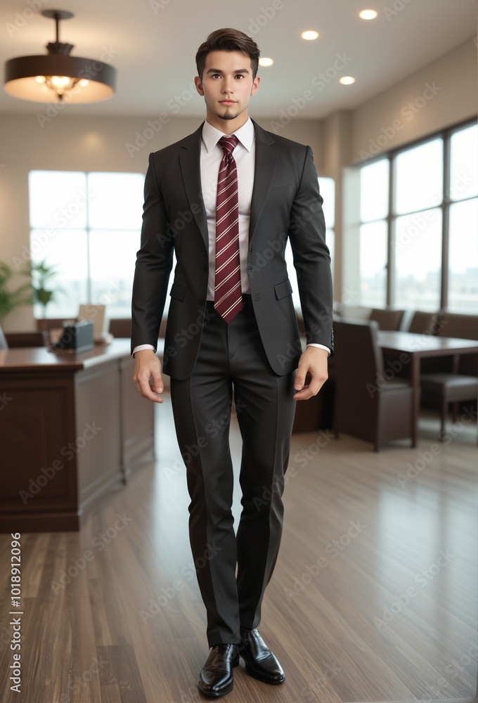 Professional Businessman in Brown Suit with Red Tie in Modern Office Setting Professional Businessman in Brown Suit with Red Tie in Modern Office Setting