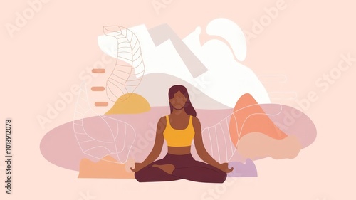 Minimalistic wellness illustration with a person meditating, abstract nature elements, and calming pastel tones, symbolizing mental and physical health photo