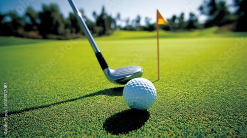 Golf Ball on Green with Club Ready for Swing photo