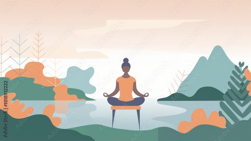 Minimalistic wellness illustration with a person meditating, abstract nature elements, and calming pastel tones, symbolizing mental and physical health Minimalistic wellness illustration with a person meditating, abstract nature elements, and calming pastel tones, symbolizing mental and physical health