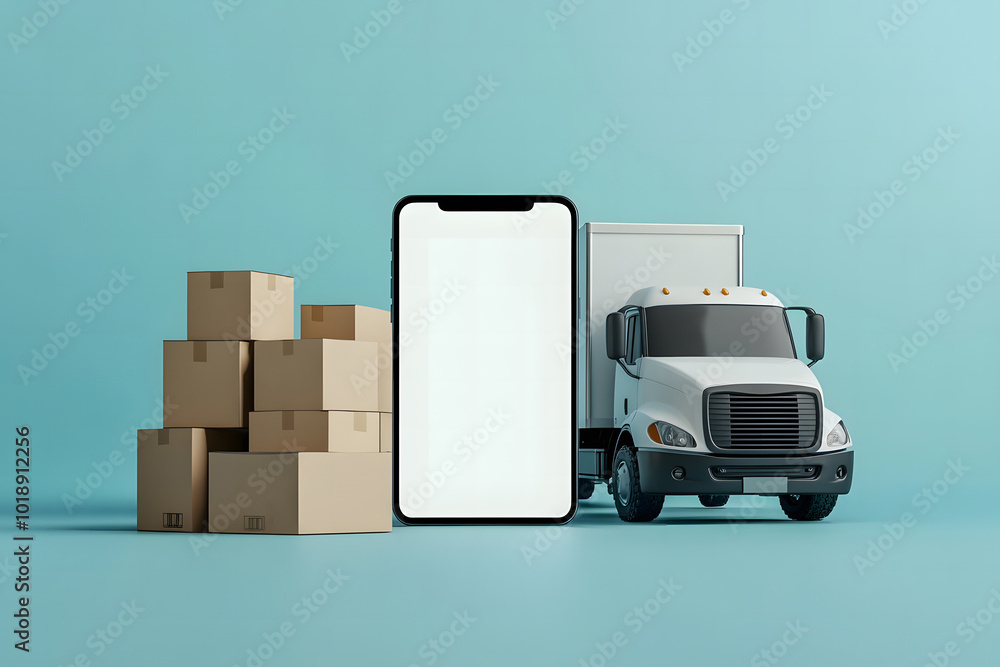 Abstract truck with a cardboard box and an empty white mobile phone on a blue background. Logistics, storage, retail, technology, and advertisement concept. Mock-up design, 3D Rendering design Abstract truck with a cardboard box and an empty white mobile phone on a blue background. Logistics, storage, retail, technology, and advertisement concept. Mock-up design, 3D Rendering design