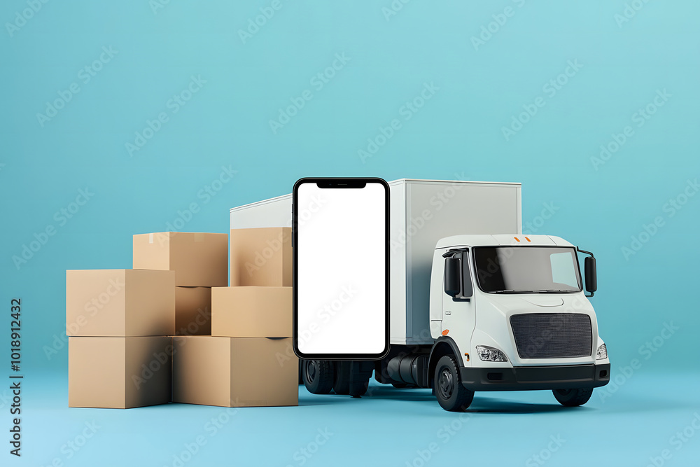 Abstract truck with a cardboard box and an empty white mobile phone on a blue background. Logistics, storage, retail, technology, and advertisement concept. Mock-up design, 3D Rendering design Abstract truck with a cardboard box and an empty white mobile phone on a blue background. Logistics, storage, retail, technology, and advertisement concept. Mock-up design, 3D Rendering design