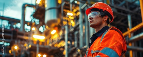 A worker in safety attire at an industrial site, representing diligence and safety.