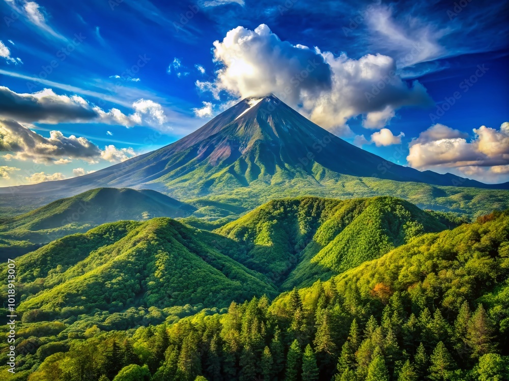 Naklejka premium Majestic View of a Towering Mountain Surrounded by Lush Green Forests Under a Clear Blue Sky