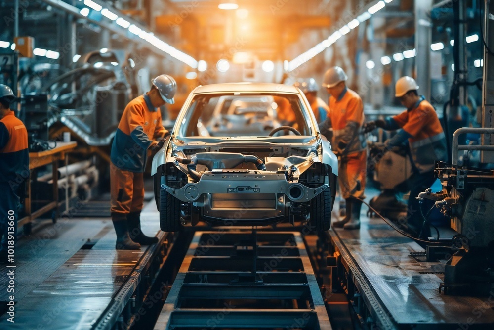 Fototapeta premium group of industrial engineers working on innovative car designs on the production line in a factory.